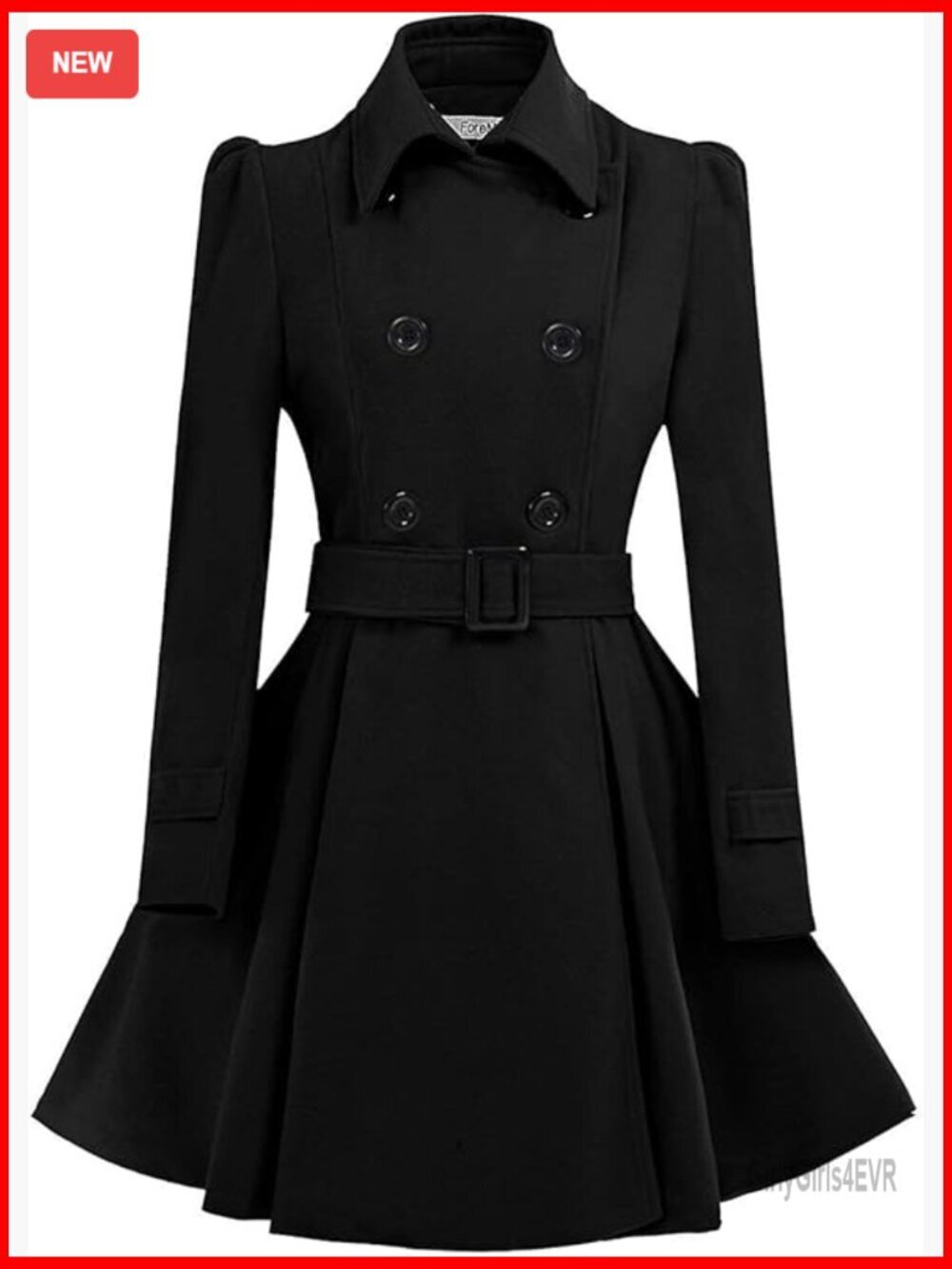Women's Wool Pea Coat with Belt Buckle, Double Breasted, Mid-Long